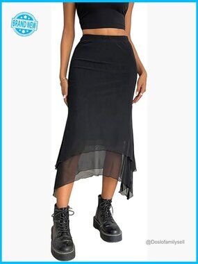 Mesh Asymmetrical Mermaid Midi Skirt High Waist Fishtail Long Skirt